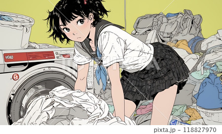 洗濯をしている若い女性