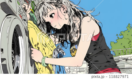 洗濯をしている若い女性