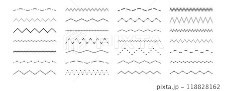 Dashed wavy and zig zag line set. Dotted dividers or separators design element collection. Broken stroke pack for underline, emphasis, highlight. Repeated dash zigzag lines bundle. Vector Dashed wavy and zig zag line set. Dotted dividers or separators design element collection. Broken stroke pack for underline, emphasis, highlight. Repeated dash zigzag lines bundle. Vector 118828162