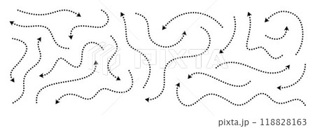 Black dotted thin arrows set. Wavy and curved dashed pointers collection. Wiggly sketchy direction lines. Dots squiggle stripe design elements bundle for flyer, poster, brochure. Vector Black dotted thin arrows set. Wavy and curved dashed pointers collection. Wiggly sketchy direction lines. Dots squiggle stripe design elements bundle for flyer, poster, brochure. Vector 118828163
