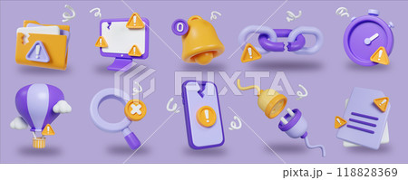 Error and Warning Icons in Violet and Amber 3D Render. 118828369