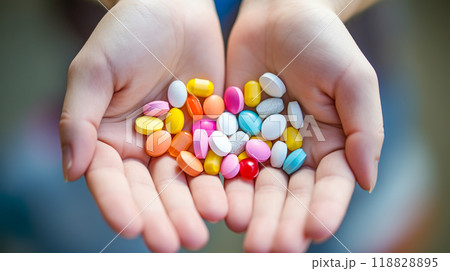 子どもの手の平の中のたくさんの錠剤 118828895