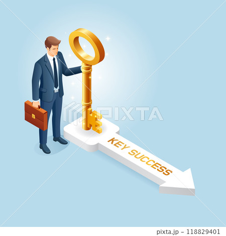 Businessman holding golden key isometric illustration Businessman holding golden key isometric illustration 118829401