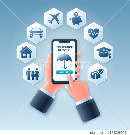 Hand selecting insurance service on touch screen of smartphone. Vector illustration of online insurance service concept 118829408