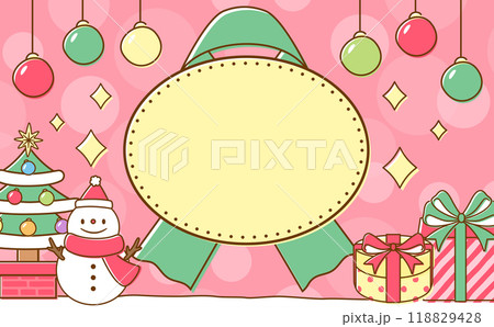 クリスマスのリボン背景フレーム素材_ポップでかわいいクリスマスプレゼントやクリスマスツリーイラスト 118829428