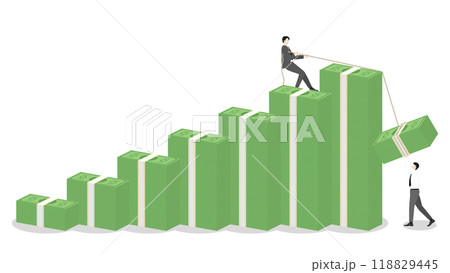 Businessman pulling a rope for banknote on money stack up bar chart with teamwork help, financial success, and investment strategy. Leadership and progress in the compete economy and financial market 118829445