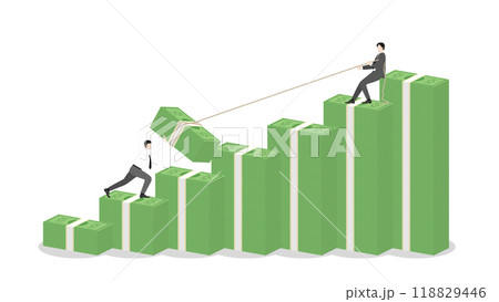 Businessman pulling a rope for banknote on money stack up bar chart with teamwork help, financial success, and investment strategy. Leadership and progress in the compete economy and financial market 118829446