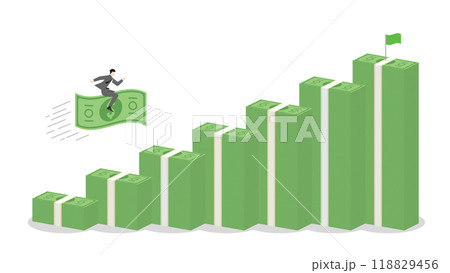 A businessman riding on a banknote forward to money stack bar chart rising, business progress, financial success, and goal achievement in a growing economy with strategic investment and leadership A businessman riding on a banknote forward to money stack bar chart rising, business progress, financial success, and goal achievement in a growing economy with strategic investment and leadership 118829456