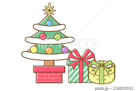 クリスマスツリーとプレゼント・ギフトのシンプルでポップでかわいい手書きのイラスト素材	 118829551