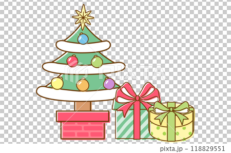 クリスマスツリーとプレゼント・ギフトのシンプルでポップでかわいい手書きのイラスト素材	 118829551