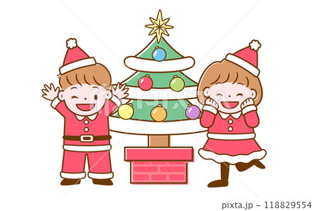 クリスマスツリーと子ども・キッズのシンプルでポップでかわいい手書きのイラスト素材 クリスマスツリーと子ども・キッズのシンプルでポップでかわいい手書きのイラスト素材 118829554
