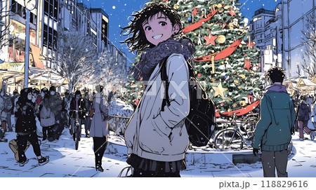 クリスマスイルミネーションが美しい街を散策する若い女性