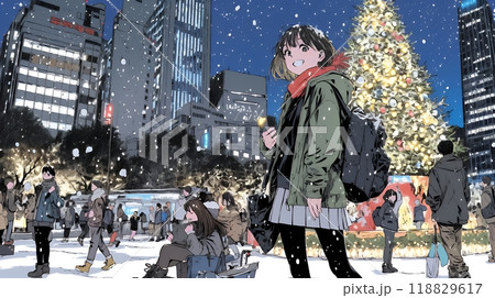 クリスマスイルミネーションが美しい街を散策する若い女性