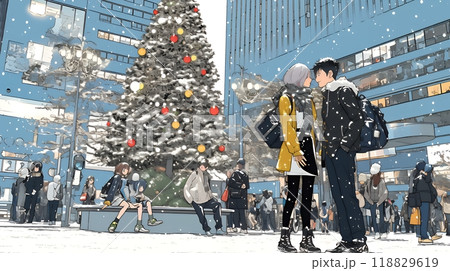 クリスマスイルミネーションが美しい街を散策する若い女性