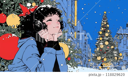 クリスマスイルミネーションが美しい街を散策する若い女性
