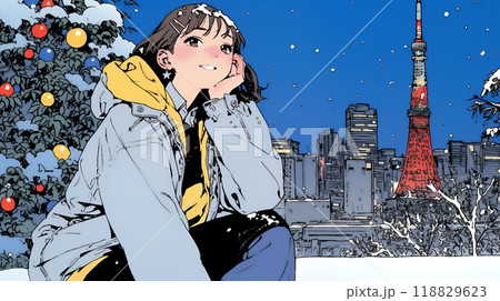 クリスマスイルミネーションが美しい街を散策する若い女性