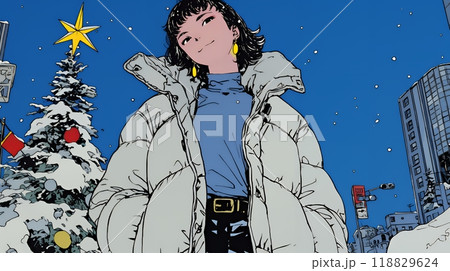 クリスマスイルミネーションが美しい街を散策する若い女性