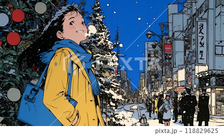 クリスマスイルミネーションが美しい街を散策する若い女性