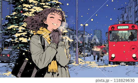 クリスマスイルミネーションが美しい街を散策する若い女性