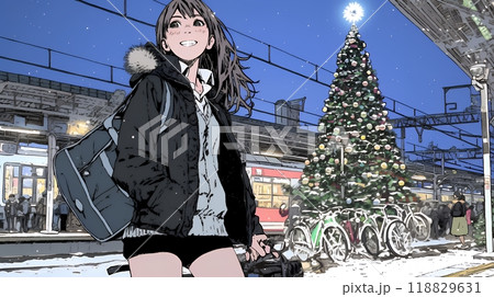 クリスマスイルミネーションが美しい街を散策する若い女性