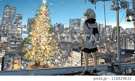 クリスマスイルミネーションが美しい街を散策する若い女性