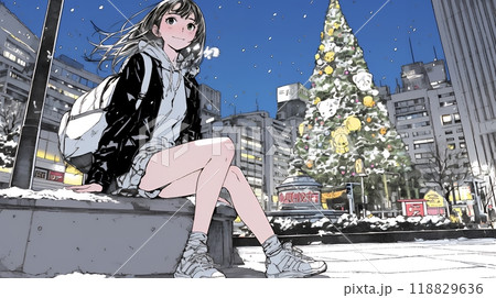 クリスマスイルミネーションが美しい街を散策する若い女性