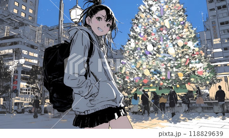 クリスマスイルミネーションが美しい街を散策する若い女性
