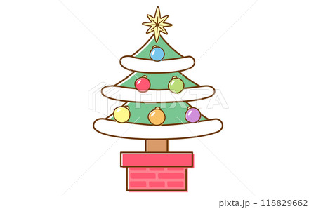 オーナメントがかわいいクリスマスツリーのシンプルでカラフルポップな手書きのイラスト素材 118829662