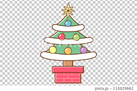 オーナメントがかわいいクリスマスツリーのシンプルでカラフルポップな手書きのイラスト素材 118829662