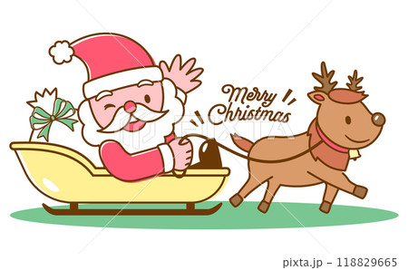 ソリに乗ったサンタクロースとトナカイの子どもかわいいクリスマスイラスト_可愛い手描きベクター素材	 118829665