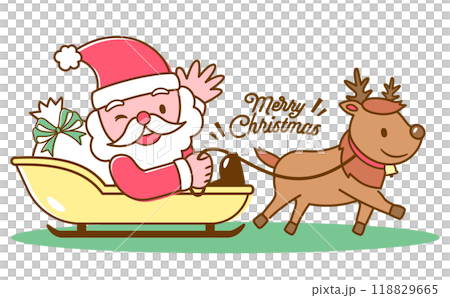 ソリに乗ったサンタクロースとトナカイの子どもかわいいクリスマスイラスト_可愛い手描きベクター素材	 118829665