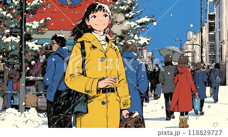 ホワイトクリスマスの街を歩く若い女性