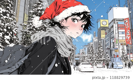 ホワイトクリスマスの街を歩く若い女性