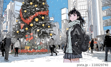 ホワイトクリスマスの街を歩く若い女性