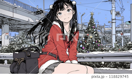 ホワイトクリスマスの街を歩く若い女性