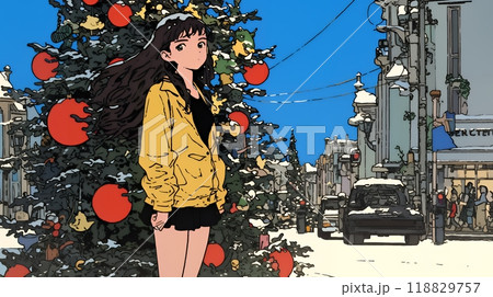 ホワイトクリスマスの街を歩く若い女性