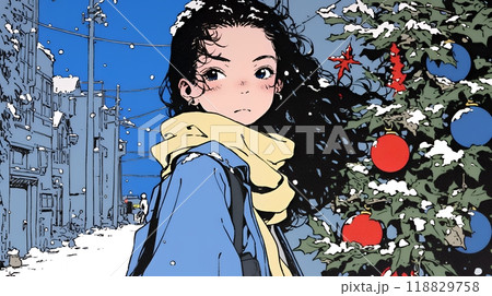 ホワイトクリスマスの街を歩く若い女性