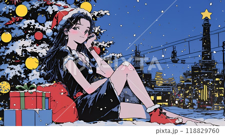ホワイトクリスマスの街を歩く若い女性