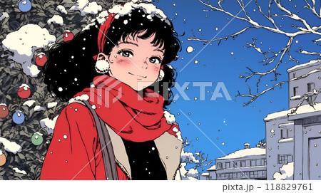 ホワイトクリスマスの街を歩く若い女性