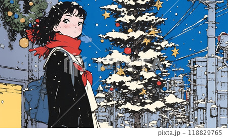 ホワイトクリスマスの街を歩く若い女性