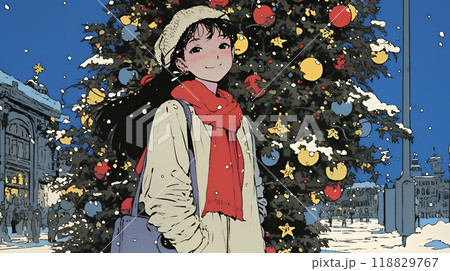 ホワイトクリスマスの街を歩く若い女性
