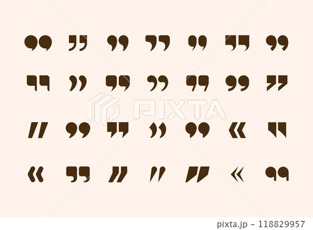 Quotation marks. Comma speech sign. Double graphic logo. Square quote symbol. Inverted graphic text. Opinion comment. Communication remark. Chat punctuation. Vector citation icons set Quotation marks. Comma speech sign. Double graphic logo. Square quote symbol. Inverted graphic text. Opinion comment. Communication remark. Chat punctuation. Vector citation icons set 118829957