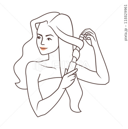 Hair care. Woman making hairstyle with electric curler. Female beauty. Cosmetic routine. Girls portrait. Line drawing. Trendy hairdo. Hairdressing equipment. Coiffure salon. Vector concept Hair care. Woman making hairstyle with electric curler. Female beauty. Cosmetic routine. Girls portrait. Line drawing. Trendy hairdo. Hairdressing equipment. Coiffure salon. Vector concept 118829961