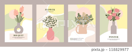Flower posters. Bouquet in vase, Organic shapes background. Spring summer cards with branch of plants. Wall art elegance contemporary design. Modern bloom garden prints. Vector illustration 118829977