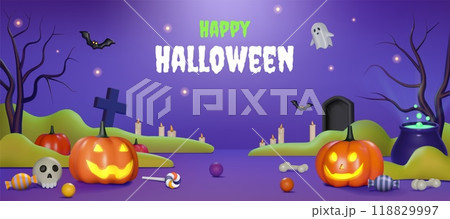 Pumpkin background. 3d halloween candy, happy and fun party celebration with cute october lanterns. Flying funny ghost, with cauldron with potion. Festive horizontal banner. Vector illustration Pumpkin background. 3d halloween candy, happy and fun party celebration with cute october lanterns. Flying funny ghost, with cauldron with potion. Festive horizontal banner. Vector illustration 118829997
