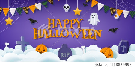 Helloween background. Halloween pumpkin banner for sale or happy party, cute treat or trick decoration, gravestones and skeleton. Invitation horizontal design. Festive flags. Vector poster Helloween background. Halloween pumpkin banner for sale or happy party, cute treat or trick decoration, gravestones and skeleton. Invitation horizontal design. Festive flags. Vector poster 118829998