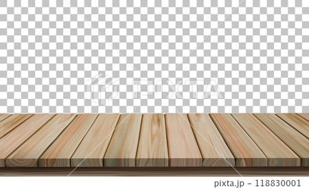 Wooden floor. Wood table. Hardwood desk. Top of wall board. Spring plank texture surface in perspective. Product material. Timber parquet. Rustic flooring. Vector tabletop background 118830001