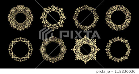 Set of decorative frames Elegant vector element for design in Eastern style, place for text. Floral black and golden borders. Lace illustration for invitations and greeting cards 118830030