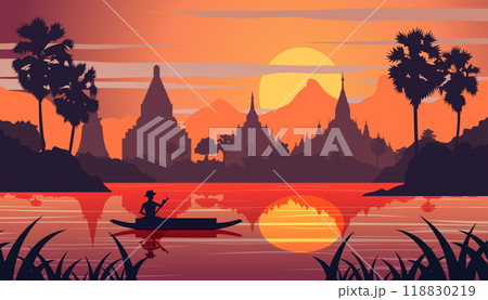 sunset landscape and Buddha Thai temple with a rowing boat around with tree.countryside of east lifestyle 118830219