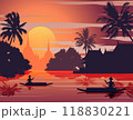 sunset landscape and Buddha Thai temple with a rowing boat around with tree.countryside of east lifestyle 118830221